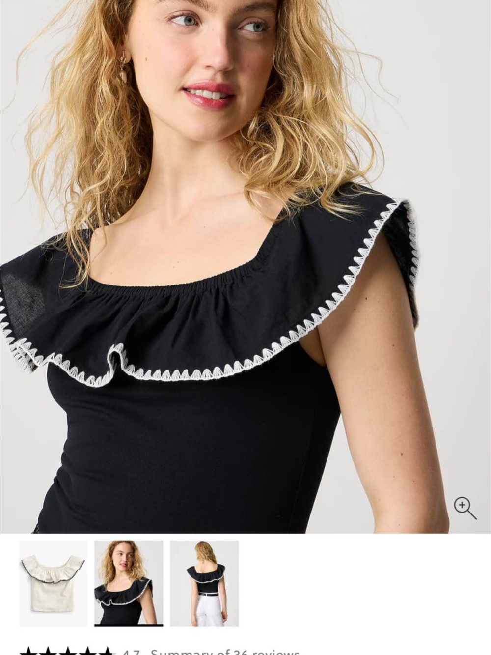 J. Crew Black Ruffle Off-Shoulder Top with White Trim